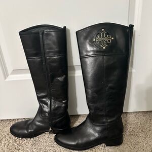 Tory Burch Black Leather Riding Boots with Gold Logo